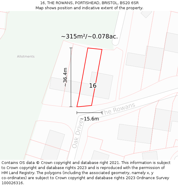 16, THE ROWANS, PORTISHEAD, BRISTOL, BS20 6SR: Plot and title map