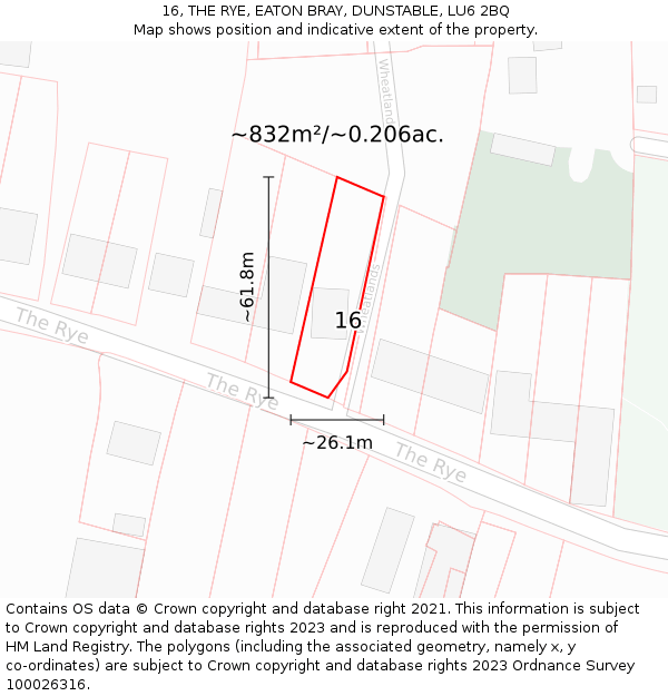16, THE RYE, EATON BRAY, DUNSTABLE, LU6 2BQ: Plot and title map