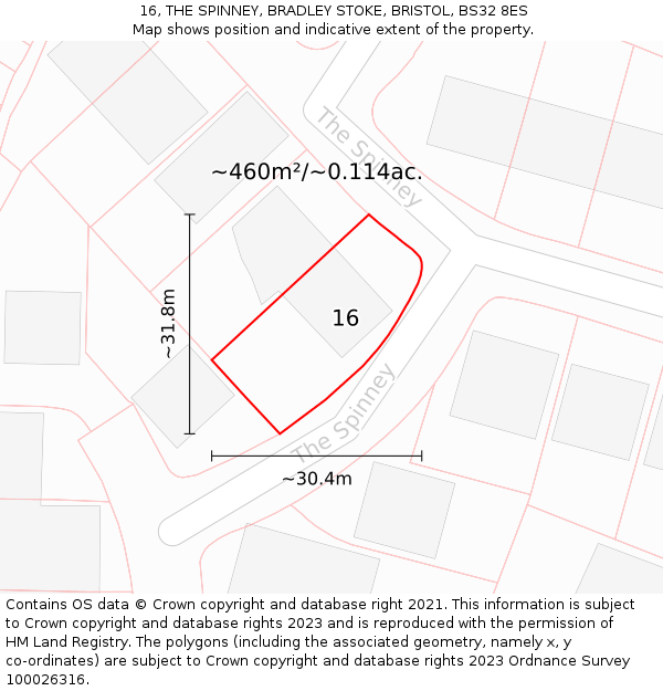 16, THE SPINNEY, BRADLEY STOKE, BRISTOL, BS32 8ES: Plot and title map