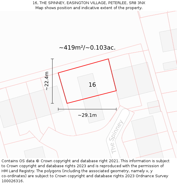 16, THE SPINNEY, EASINGTON VILLAGE, PETERLEE, SR8 3NX: Plot and title map