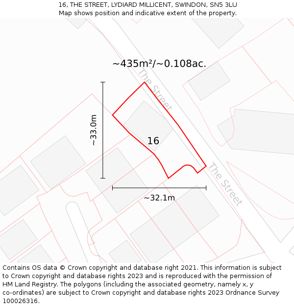 16, THE STREET, LYDIARD MILLICENT, SWINDON, SN5 3LU: Plot and title map