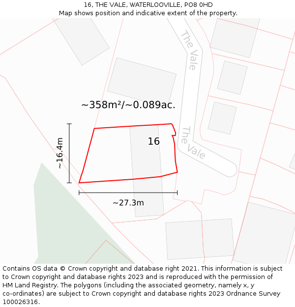 16, THE VALE, WATERLOOVILLE, PO8 0HD: Plot and title map