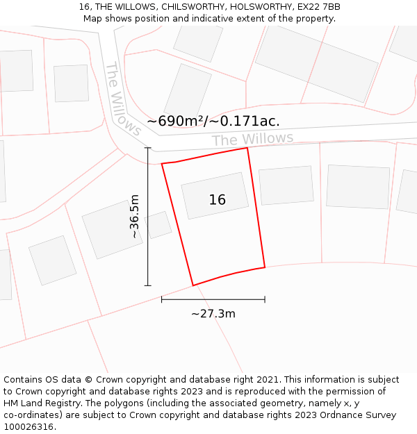 16, THE WILLOWS, CHILSWORTHY, HOLSWORTHY, EX22 7BB: Plot and title map