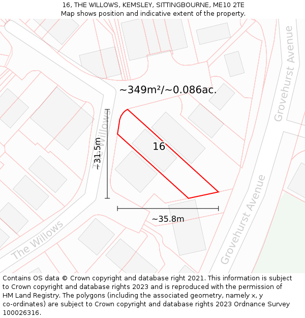 16, THE WILLOWS, KEMSLEY, SITTINGBOURNE, ME10 2TE: Plot and title map