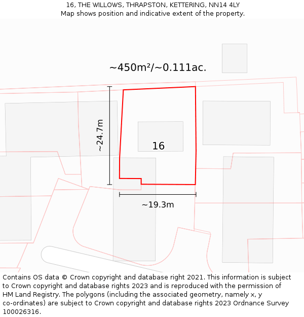 16, THE WILLOWS, THRAPSTON, KETTERING, NN14 4LY: Plot and title map