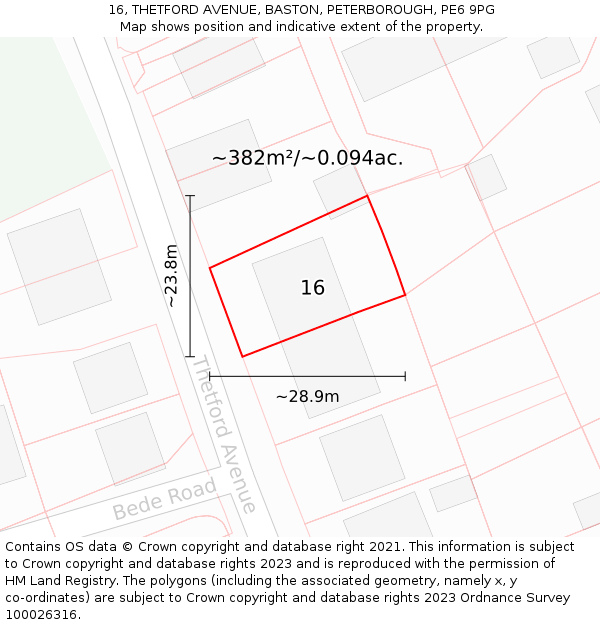 16, THETFORD AVENUE, BASTON, PETERBOROUGH, PE6 9PG: Plot and title map