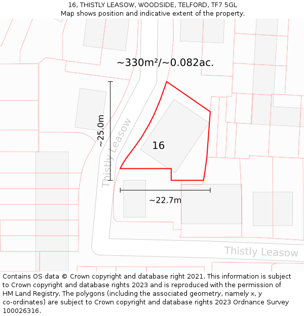 16, THISTLY LEASOW, WOODSIDE, TELFORD, TF7 5GL: Plot and title map