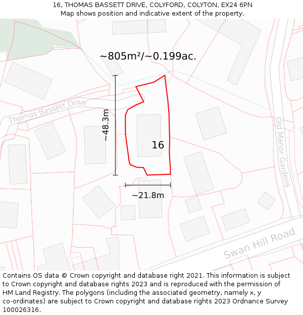 16, THOMAS BASSETT DRIVE, COLYFORD, COLYTON, EX24 6PN: Plot and title map