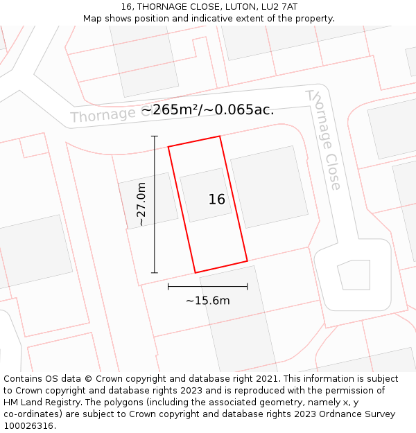 16, THORNAGE CLOSE, LUTON, LU2 7AT: Plot and title map