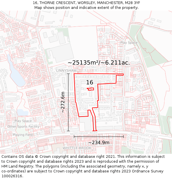 16, THORNE CRESCENT, WORSLEY, MANCHESTER, M28 3YF: Plot and title map