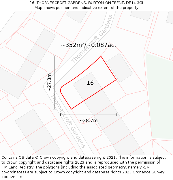 16, THORNESCROFT GARDENS, BURTON-ON-TRENT, DE14 3GL: Plot and title map