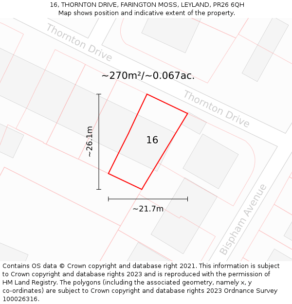 16, THORNTON DRIVE, FARINGTON MOSS, LEYLAND, PR26 6QH: Plot and title map