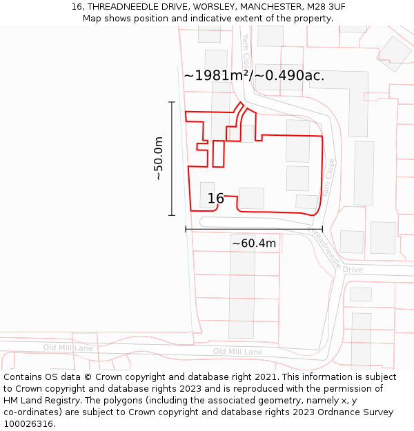 16, THREADNEEDLE DRIVE, WORSLEY, MANCHESTER, M28 3UF: Plot and title map