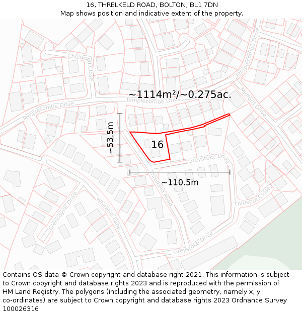 16, THRELKELD ROAD, BOLTON, BL1 7DN: Plot and title map