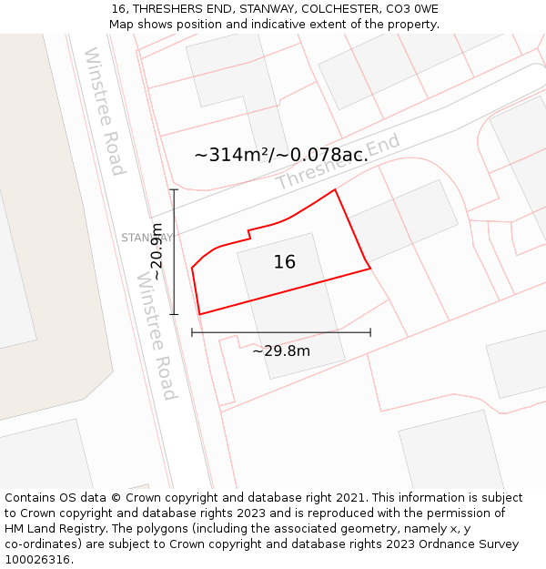 16, THRESHERS END, STANWAY, COLCHESTER, CO3 0WE: Plot and title map