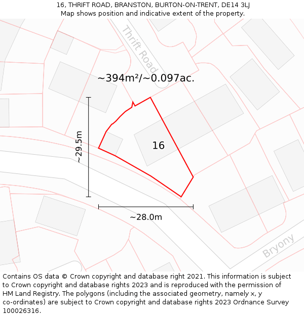 16, THRIFT ROAD, BRANSTON, BURTON-ON-TRENT, DE14 3LJ: Plot and title map