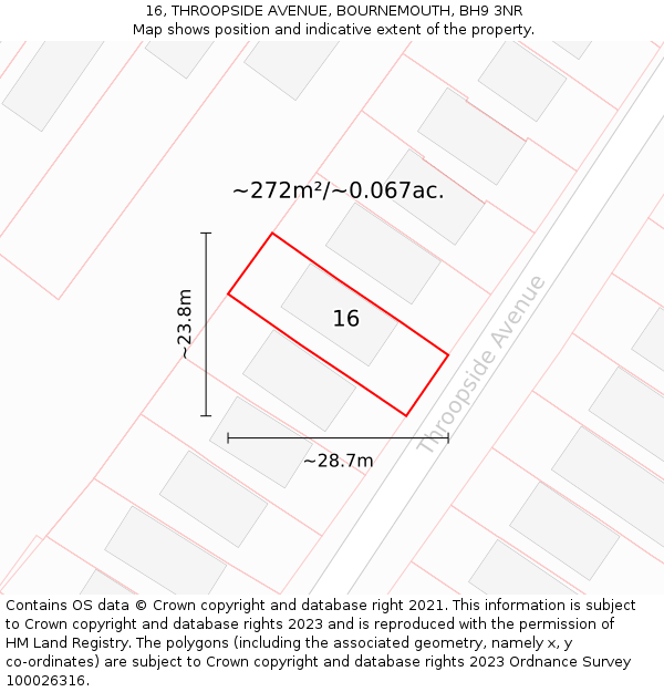 16, THROOPSIDE AVENUE, BOURNEMOUTH, BH9 3NR: Plot and title map