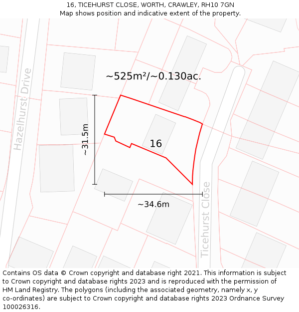 16, TICEHURST CLOSE, WORTH, CRAWLEY, RH10 7GN: Plot and title map