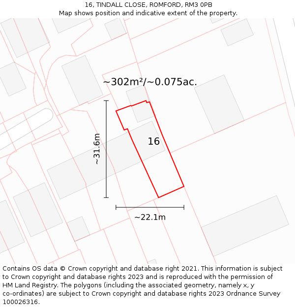 16, TINDALL CLOSE, ROMFORD, RM3 0PB: Plot and title map