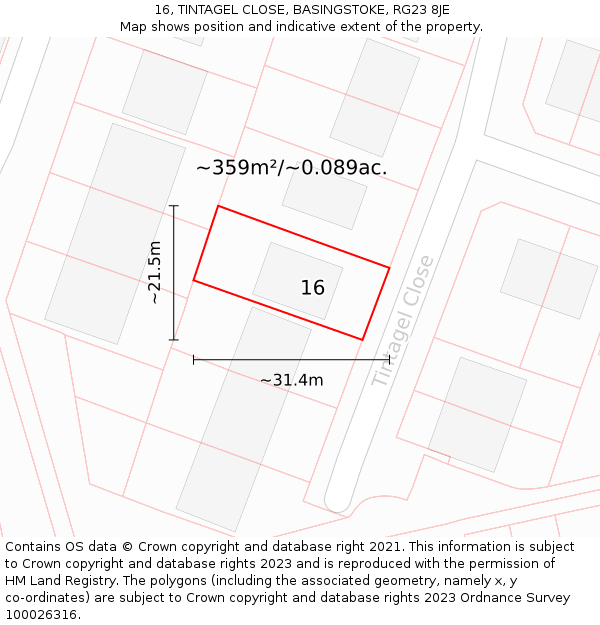 16, TINTAGEL CLOSE, BASINGSTOKE, RG23 8JE: Plot and title map