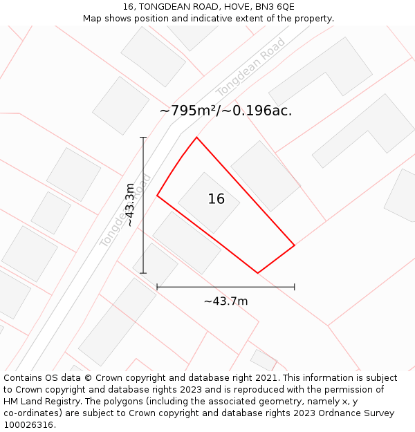 16, TONGDEAN ROAD, HOVE, BN3 6QE: Plot and title map