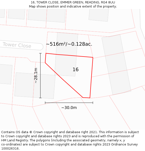 16, TOWER CLOSE, EMMER GREEN, READING, RG4 8UU: Plot and title map
