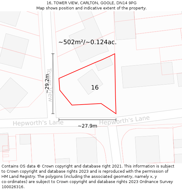 16, TOWER VIEW, CARLTON, GOOLE, DN14 9PG: Plot and title map