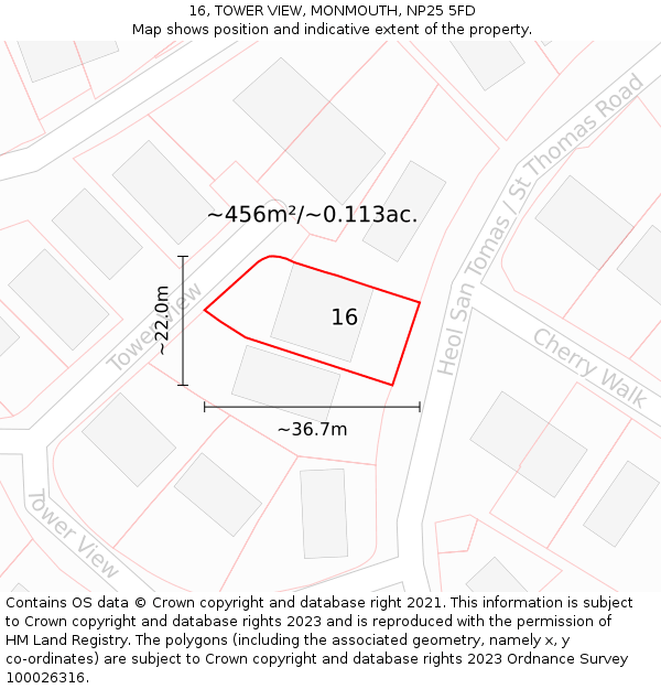 16, TOWER VIEW, MONMOUTH, NP25 5FD: Plot and title map