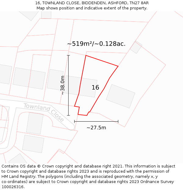16, TOWNLAND CLOSE, BIDDENDEN, ASHFORD, TN27 8AR: Plot and title map