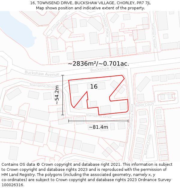 16, TOWNSEND DRIVE, BUCKSHAW VILLAGE, CHORLEY, PR7 7JL: Plot and title map