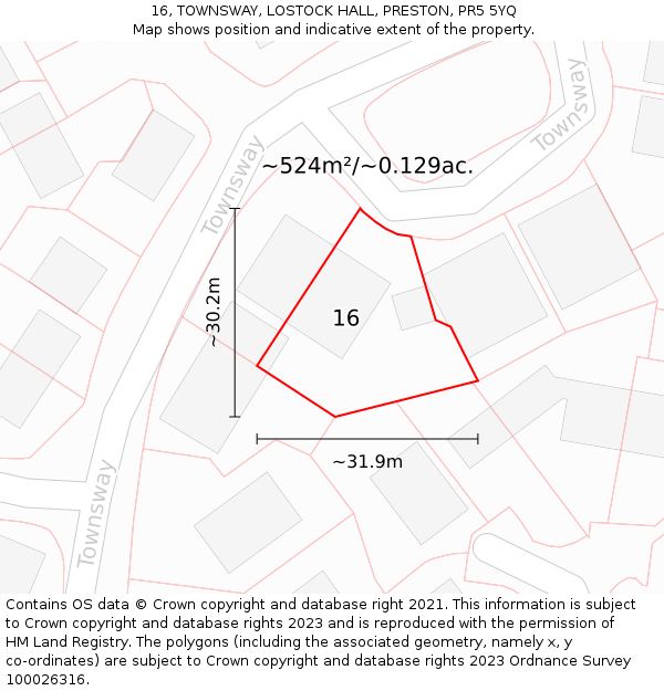16, TOWNSWAY, LOSTOCK HALL, PRESTON, PR5 5YQ: Plot and title map