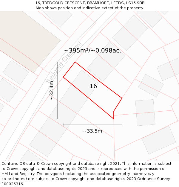 16, TREDGOLD CRESCENT, BRAMHOPE, LEEDS, LS16 9BR: Plot and title map
