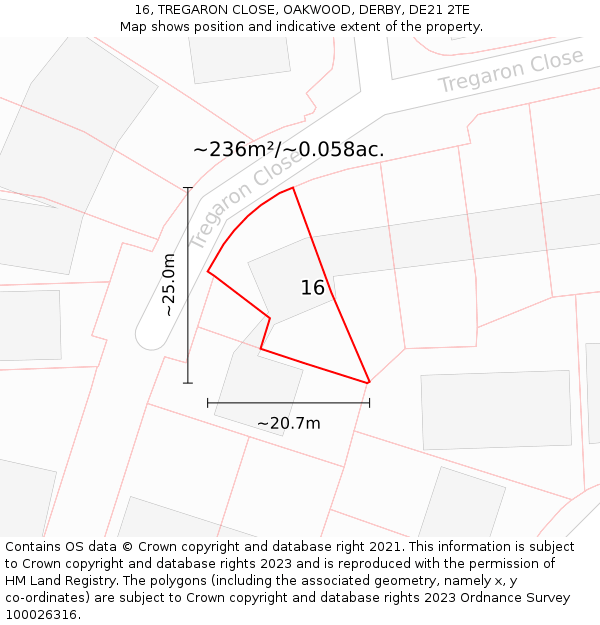 16, TREGARON CLOSE, OAKWOOD, DERBY, DE21 2TE: Plot and title map