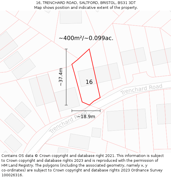 16, TRENCHARD ROAD, SALTFORD, BRISTOL, BS31 3DT: Plot and title map