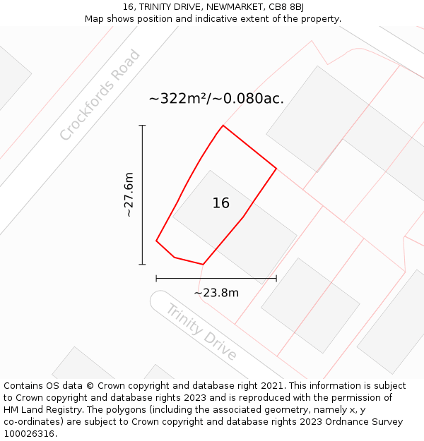 16, TRINITY DRIVE, NEWMARKET, CB8 8BJ: Plot and title map