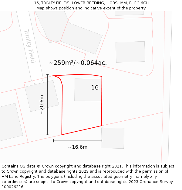 16, TRINITY FIELDS, LOWER BEEDING, HORSHAM, RH13 6GH: Plot and title map