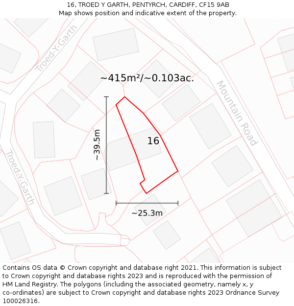 16, TROED Y GARTH, PENTYRCH, CARDIFF, CF15 9AB: Plot and title map