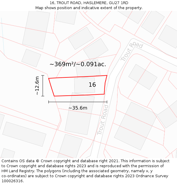 16, TROUT ROAD, HASLEMERE, GU27 1RD: Plot and title map