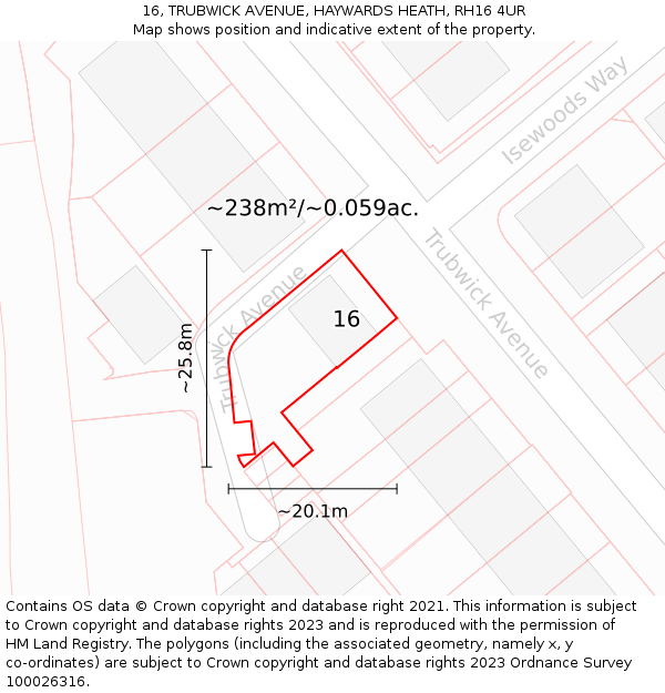 16, TRUBWICK AVENUE, HAYWARDS HEATH, RH16 4UR: Plot and title map