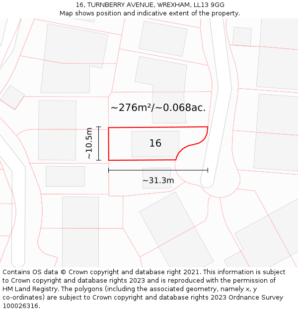 16, TURNBERRY AVENUE, WREXHAM, LL13 9GG: Plot and title map