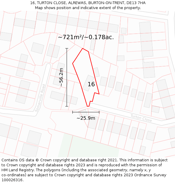 16, TURTON CLOSE, ALREWAS, BURTON-ON-TRENT, DE13 7HA: Plot and title map