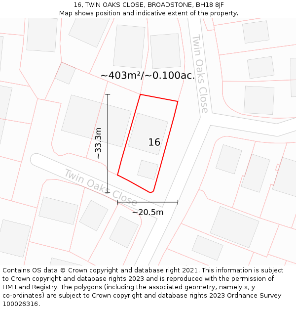 16, TWIN OAKS CLOSE, BROADSTONE, BH18 8JF: Plot and title map