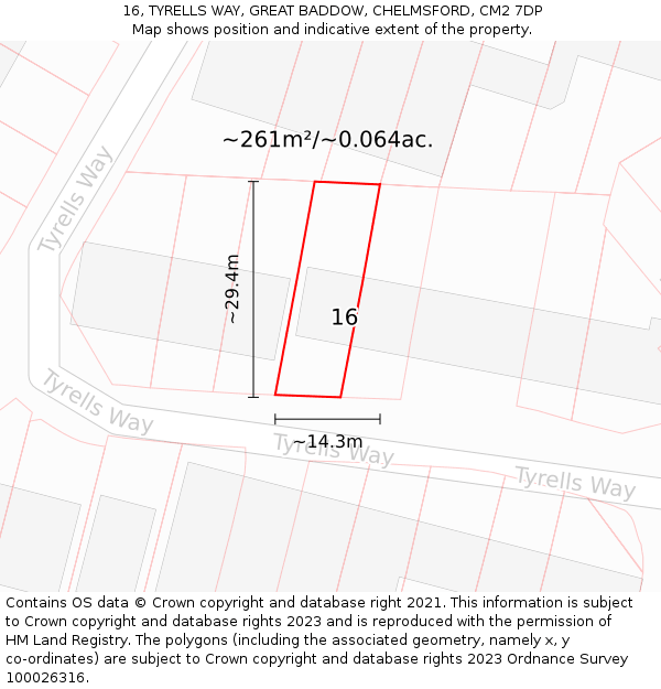16, TYRELLS WAY, GREAT BADDOW, CHELMSFORD, CM2 7DP: Plot and title map