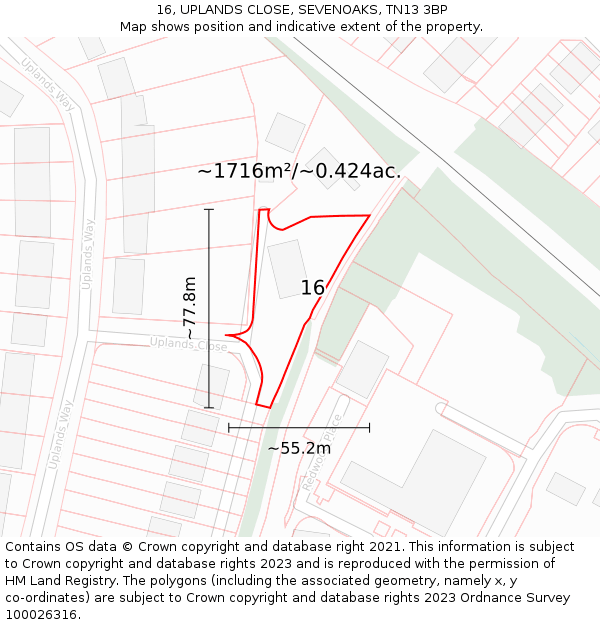16, UPLANDS CLOSE, SEVENOAKS, TN13 3BP: Plot and title map