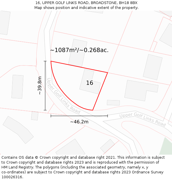 16, UPPER GOLF LINKS ROAD, BROADSTONE, BH18 8BX: Plot and title map