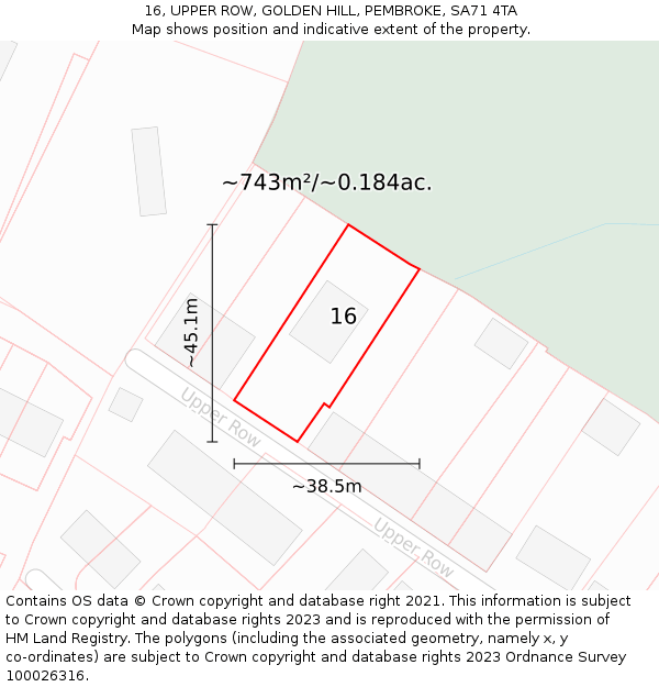 16, UPPER ROW, GOLDEN HILL, PEMBROKE, SA71 4TA: Plot and title map