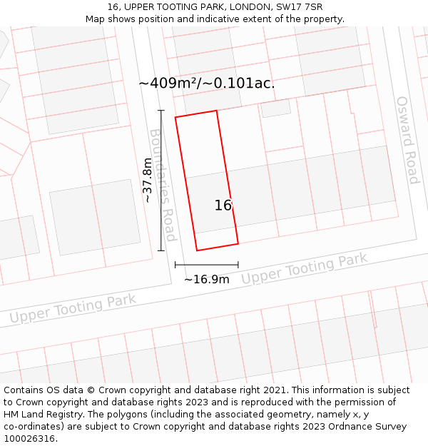 16, UPPER TOOTING PARK, LONDON, SW17 7SR: Plot and title map