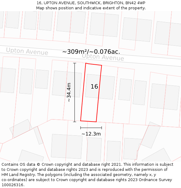 16, UPTON AVENUE, SOUTHWICK, BRIGHTON, BN42 4WP: Plot and title map