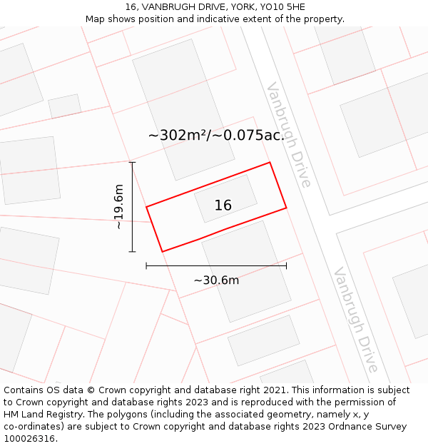 16, VANBRUGH DRIVE, YORK, YO10 5HE: Plot and title map