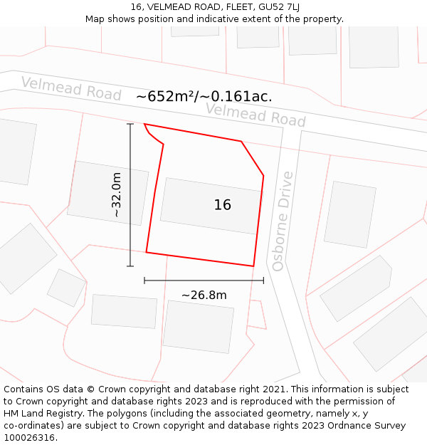 16, VELMEAD ROAD, FLEET, GU52 7LJ: Plot and title map